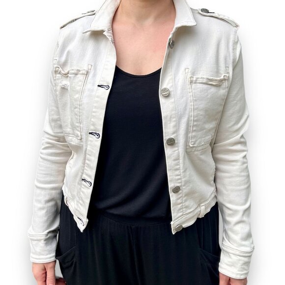 McGuire Ivory Distressed Trucker Jacket cropped stretch denim - Picture 2 of 12